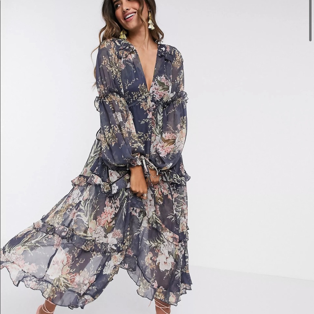 ASOS DESIGN pleated layered tiered midi dress in navy floral print w/ lace trim